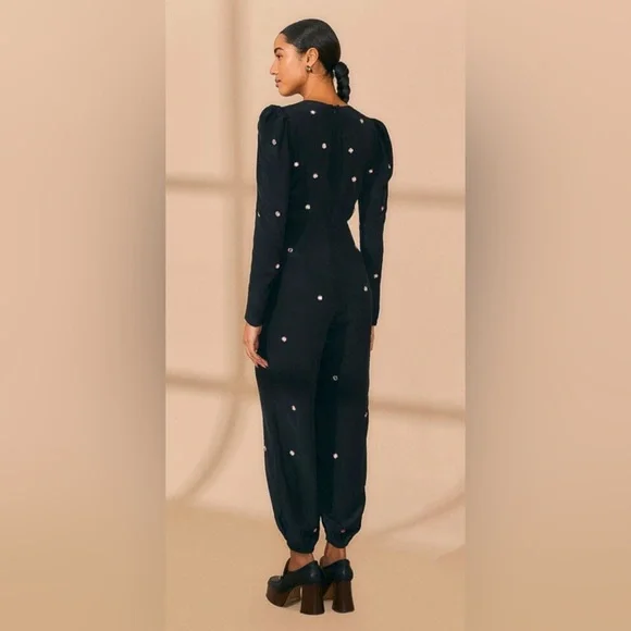 NWT Farm Rio Black Jumpsuit Mirror Embroidered Beaded Details Long Sleeve Large